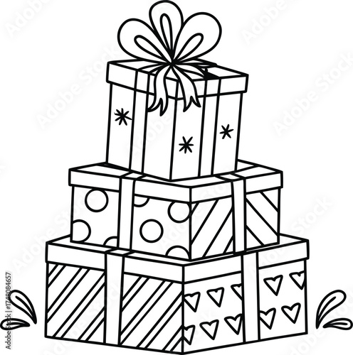 Detailed vector artwork of multiple presents arranged artistically in monochrome style