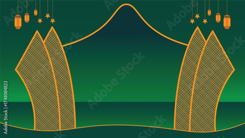 Elegant green and gold background featuring mosque shapes, hanging lanterns, and stars, ideal for Ramadan, Eid greetings, Islamic posters, invitations, and religious celebration designs.
