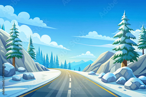 Winter road through snowy pine forest under clear blue sky, calm and cold beauty illustration.