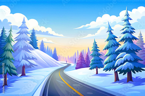 Winter road through snowy pine forest wallpaper vector under clear blue sky, calm and cold beauty illustration.