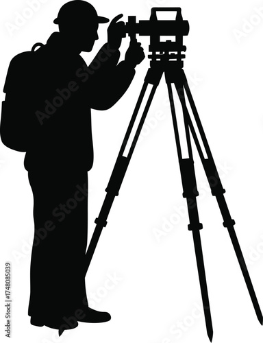 Silhouette of a surveyor using a transit and tripod on a tripod for precise measurements and land surveying professional survey equipment vector silhouette