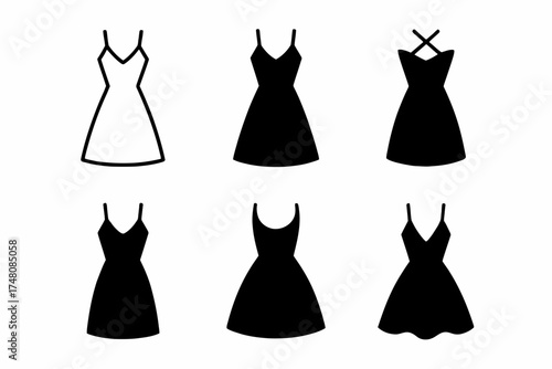 Little Black Dress Collection Icon Set Vector Fashion Design Sketches Elegant Minimalist Wardrobe Essential Silhouettes