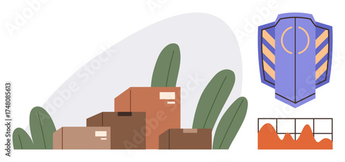 Stacked delivery boxes among greenery, shield insignia for security, and chart for performance analytics. Ideal for supply chain, shipping, inventory, security protocols, warehouse, business