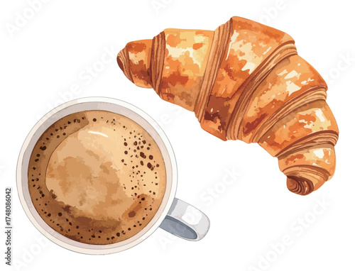 コーヒーとクロワッサンの水彩風イラストセット　生成AI
