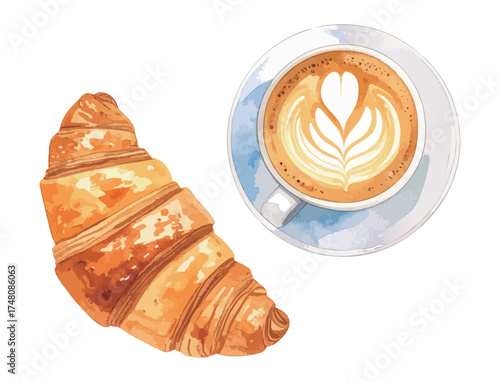 コーヒーとクロワッサンの水彩風イラストセット　生成AI