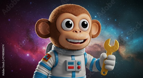 Cartoon astronaut monkey holding a wrench against a starry background
