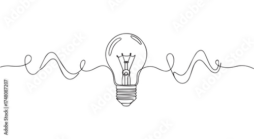 Minimalist line art illustration of a light bulb with a wavy line representing an idea or inspiration, isolated on transparent background