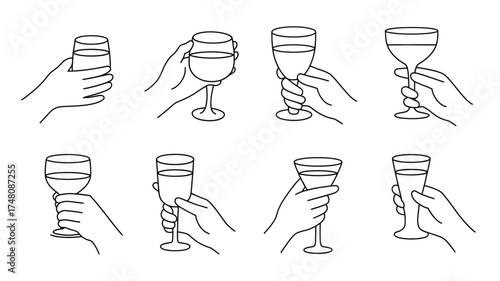 Hand holding glass wine drawing vector illustration beverage drink alcohol liquid outline elegant art design silhouette