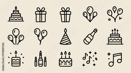 Celebration birthday party cake gift balloons hat champagne music candles festive fun event celebrate joy silhouette