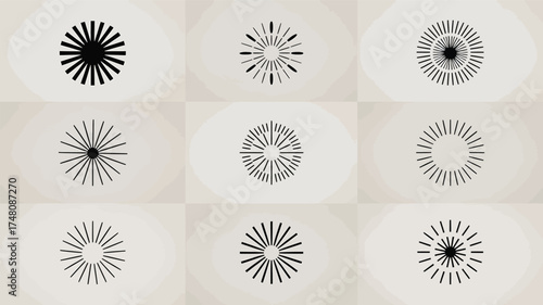 Collection of sunburst starburst radial elements vector design graphic illustration art decoration set of nine silhouette