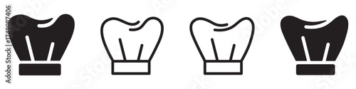Cooker hat icons set isolated on transparent background. Simple chef hat symbols in line and solid style. Ideal for cooking, culinary school, restaurant, bakery, kitchen tools, gastronomy.
