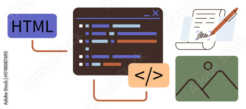 Coding interface with HTML, code snippet, and image file representation. Highlighting web design components, coding, digital content creation, and graphic elements. Ideal for web development