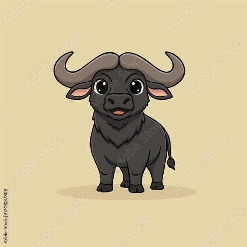 Cartoon buffalo character African wild animal illustration for kids and safari projects.