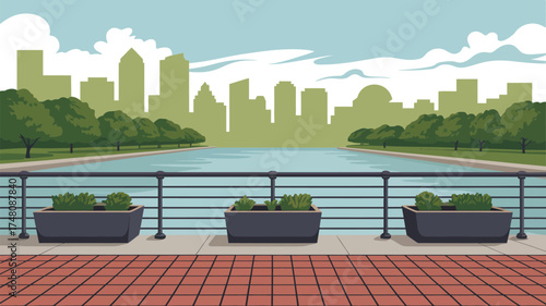 A cityscape view from a waterfront walkway with planters and a red brick surface in the foreground
