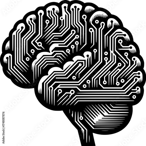 Digital Brain: A conceptual depiction of the human brain, integrated with circuit board elements, symbolizing the intersection of intellect and technology in a sleek, minimalist style.