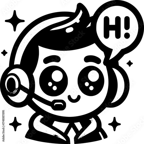 Friendly Customer Service: A charming illustration depicts a friendly customer service representative with headphones and a speech bubble, ready to assist with a warm Hi! message.