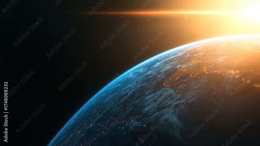 Naklejka premium Illuminated Earth planet from space with sun flare and starry background
