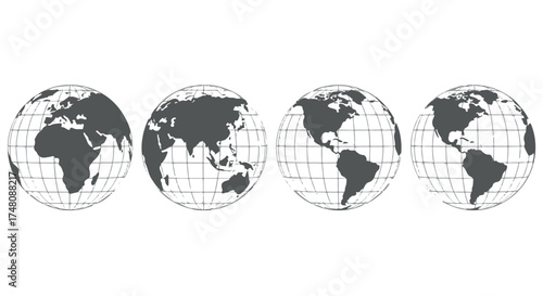 Four globes showing different continents and landmasses, isolated on transparent background