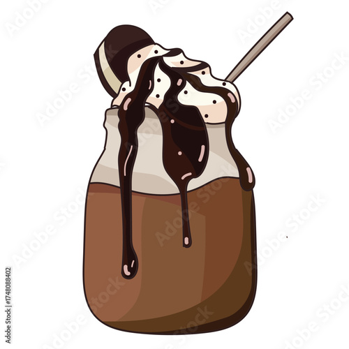Vector Illustration of a Frappe or Iced Coffee in a Plastic Cup with a Straw and Whipped Cream, Cold Drink Icon, Flat Design.