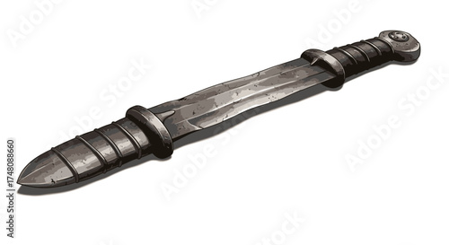Ancient steel sword isolated on white background with detailed design