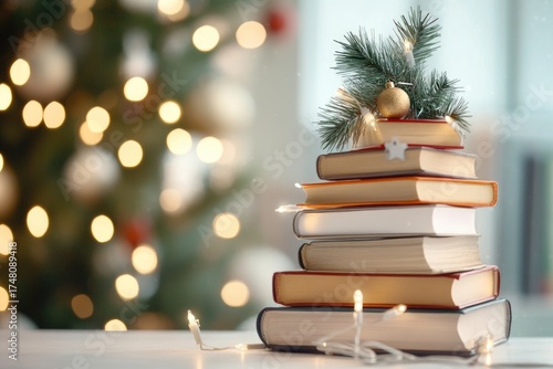 Creative christmas tree made of books with festive lights