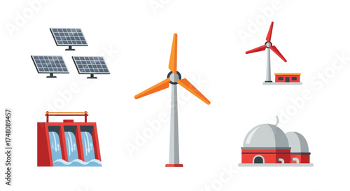 Set of renewable energy icons representing solar panels, wind turbines, and hydroelectric power for sustainable electricity generation
