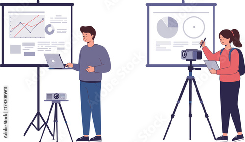 Business presentation with projector, data charts, pie graphs, bar analysis, teamwork, professional meeting, seminar, corporate training, visual communication tools