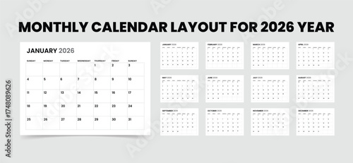 2026 monthly calendar and diary planner layout. Week Starts on Sunday