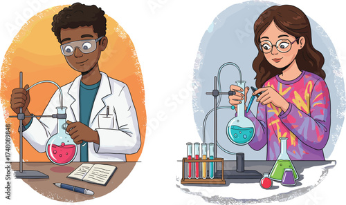 Chemistry students conducting lab experiments with glassware, liquids, and scientific tools in modern educational laboratory setting, vector illustration concept