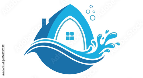 Abstract logo representing a house with water and bubbles isolated on transparent background