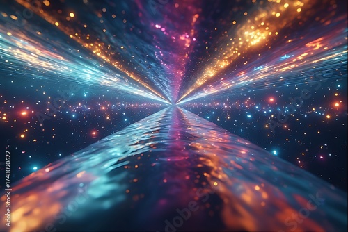 Vibrant cosmic tunnel of light streaks and starbursts creates a hypnotic journey through a galactic nebula of color
