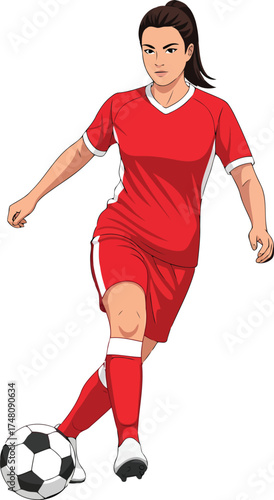 An inspirational illustration emphasizing the drive and athleticism of a girl wearing a sports uniform, engaged in the fundamental action of dribbling a football