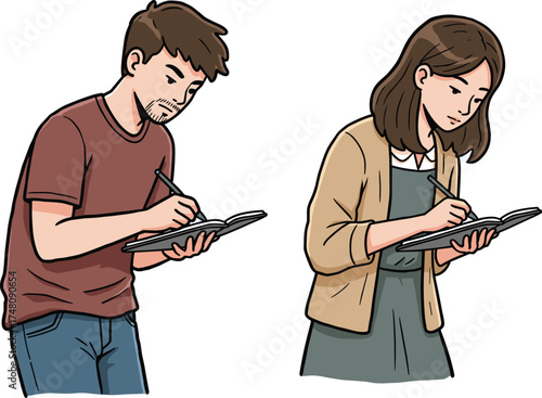 Young man and woman writing in notebooks, casual student fashion, indoor learning scene, journaling, concentration, academic lifestyle, modern campus illustration