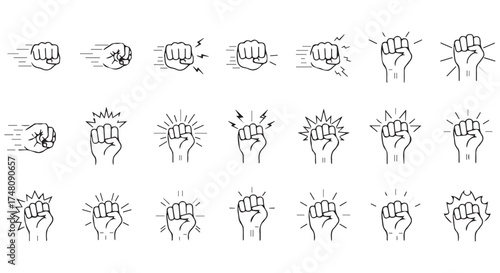 Collection of fist icons showing motion and impact, isolated on transparent background