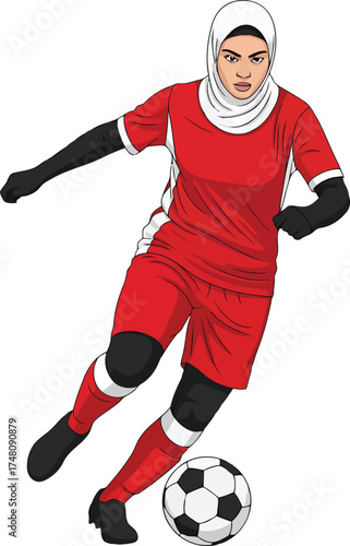 A vibrant, bold drawing of a determined hijabi soccer player moving forward, symbolizing strength, passion, and cultural inclusion in the world of football
