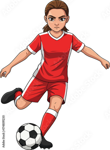 Cute Cartoon Girl Playing Soccer, vector illustration of a young girl with a determined expression