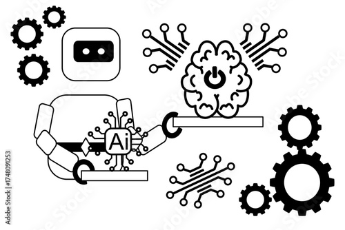 Artificial Intelligence Robot and Brain Vector Illustration, Futuristic AI Technology with Digital Circuits and Gears, Machine Learning and Automation Concept Design