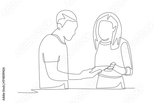 Consulting with store staff concept one-line drawing