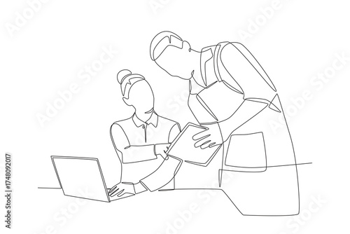 Consulting with store staff concept one-line drawing