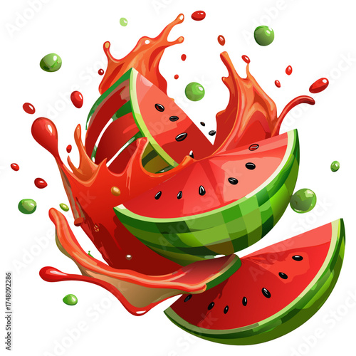 Fresh Watermelon Slices Splashing with Juice Isolated on Transparent Background.