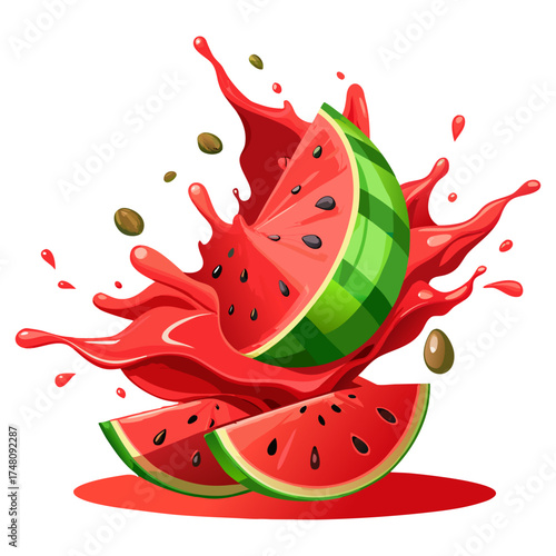 Fresh Watermelon Slices Splashing with Juice Isolated on Transparent Background.