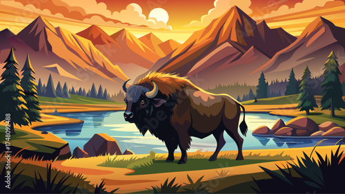Very beautiful majestic bison standing near a calm river at sunset with mountains in the background, vector-style landscape emphasizing power and natural harmony.