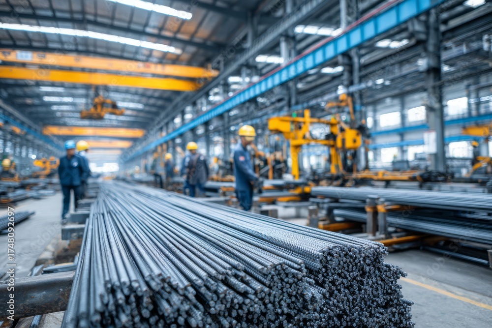 Naklejka premium An industrial scene depicting stacked rebar at a steel mill, with workers in hard hats and machinery, showing the manufacturing processes and materials.
