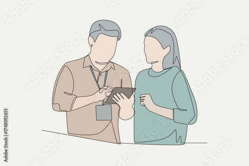 Colored consulting with store staff concept one-line drawing