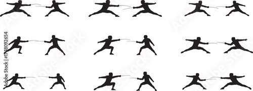 Collection of dynamic silhouette figures in various martial arts poses capturing movement and athleticism vector