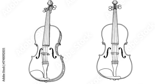 Detailed line art illustrations of two violins showing front and side views