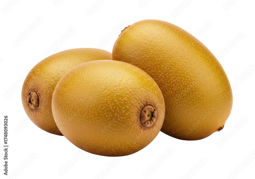 Fototapeta premium Isolated SunGold kiwifruit or golden kiwi fruits, three whole Actinidia chinensis close-up