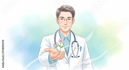 Caring doctor offers a delicate flower, symbolizing hope and healing, showcasing compassionate healthcare and promoting wellness in a modern style illustration