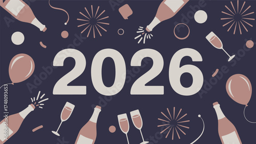 Celebrating happy new year 2026 with champagne balloons and fireworks for a festive occasion holiday silhouette