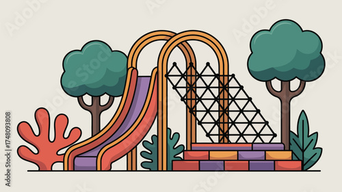 A cartoon illustration of a playground with a slide climbing net and trees in a park setting style